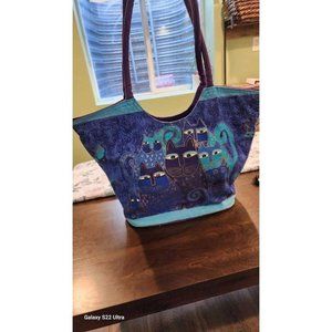 Laurel Burch Indigo Blue Cats Canvas Beach Bag Purse Zipper Top18x14x6